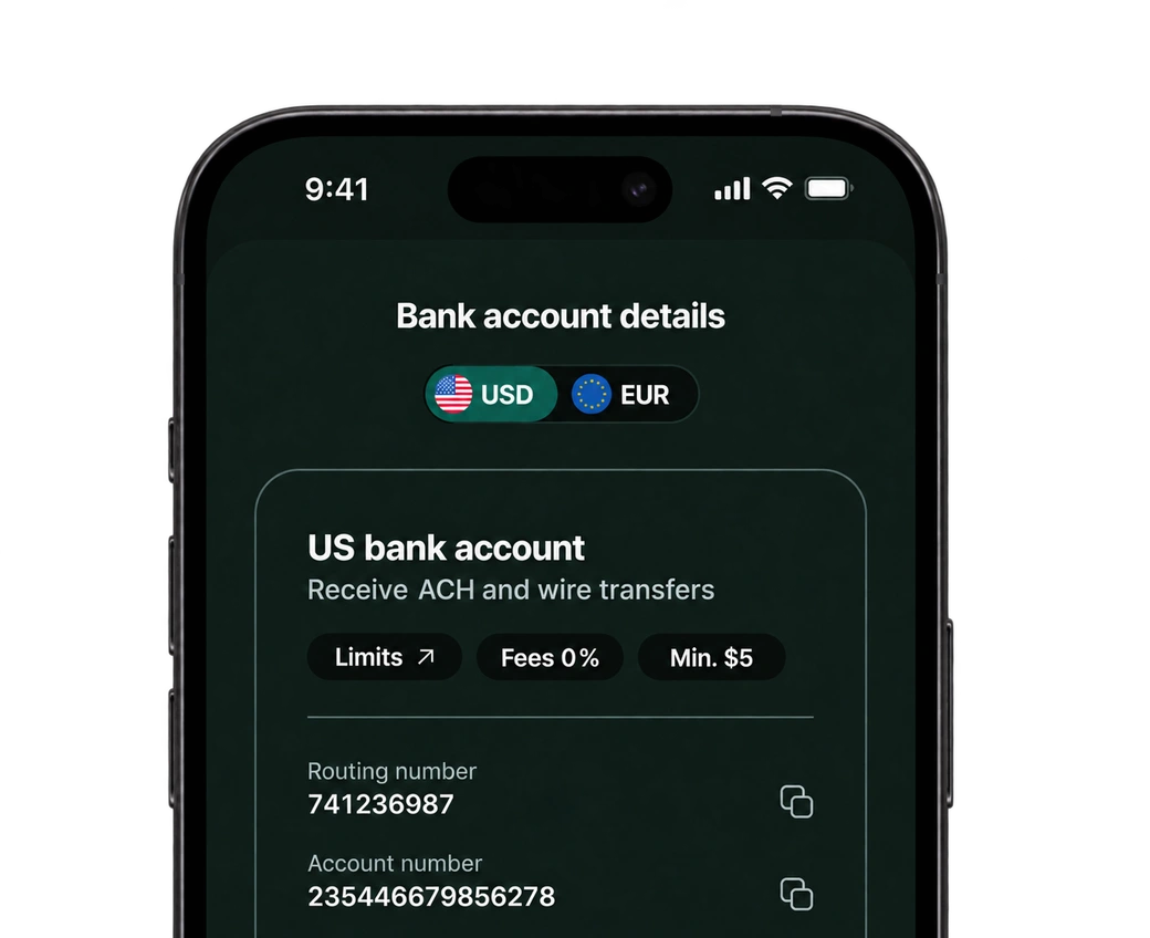 Mobile phone screen displaying virtual bank account details for a US account, featuring routing and account numbers - Virtual Banking Image