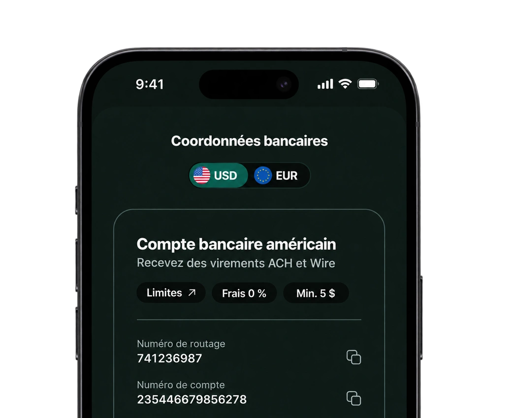 Téléphone affichant les coordonnées d’un compte bancaire américain, avec les numéros de routage et de compte