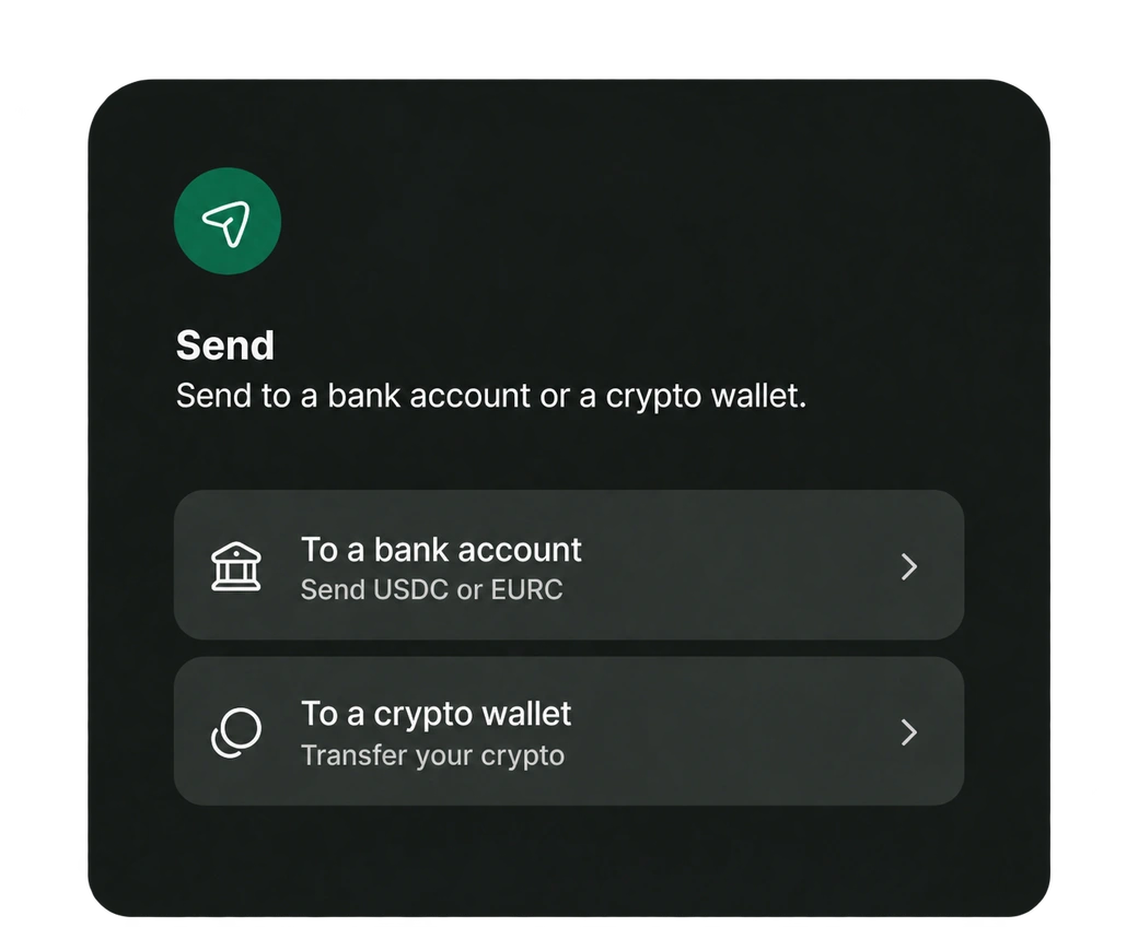 A mobile app interface titled "Send" with options to transfer crypto assets to a bank account or a crypto wallet - Money Transfer Image