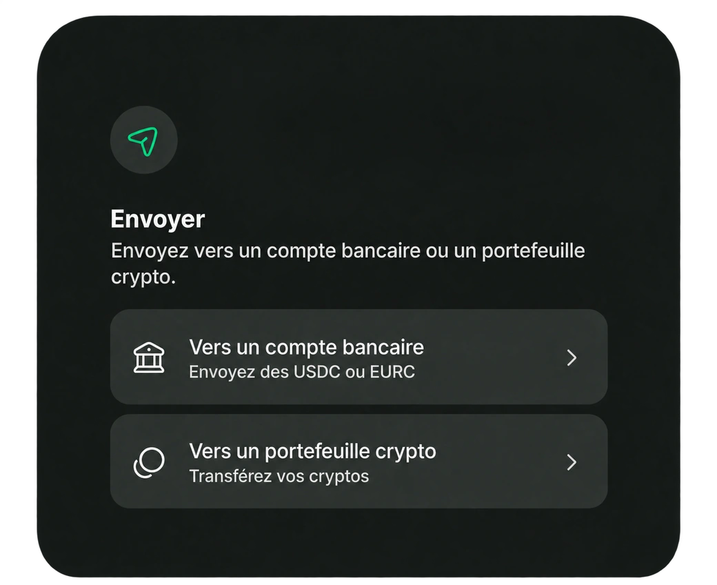 Interface d’envoi vers un compte bancaire ou un portefeuille crypto