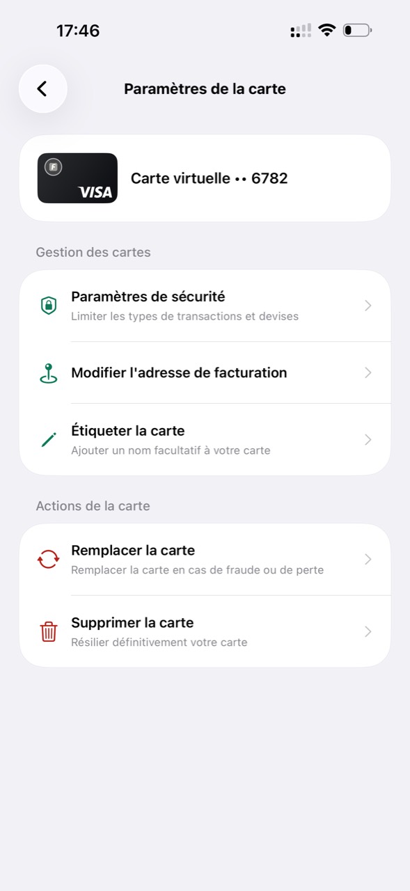Capture de l’app Flowxi : paramètres et sécurité de la carte virtuelle