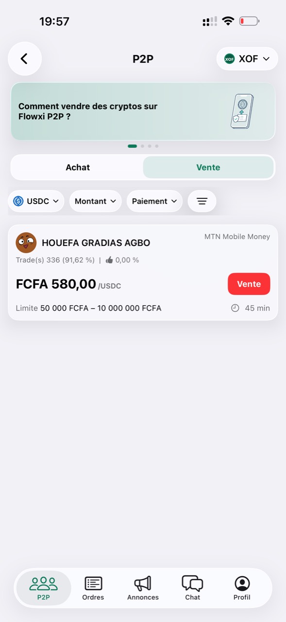 Marché P2P Flowxi : filtres, moyen de paiement et annonce de vente d’USDC en XOF